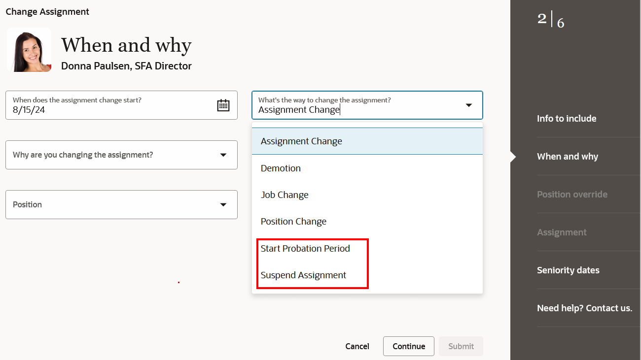 tart Probation Period and Suspend Assignment actions