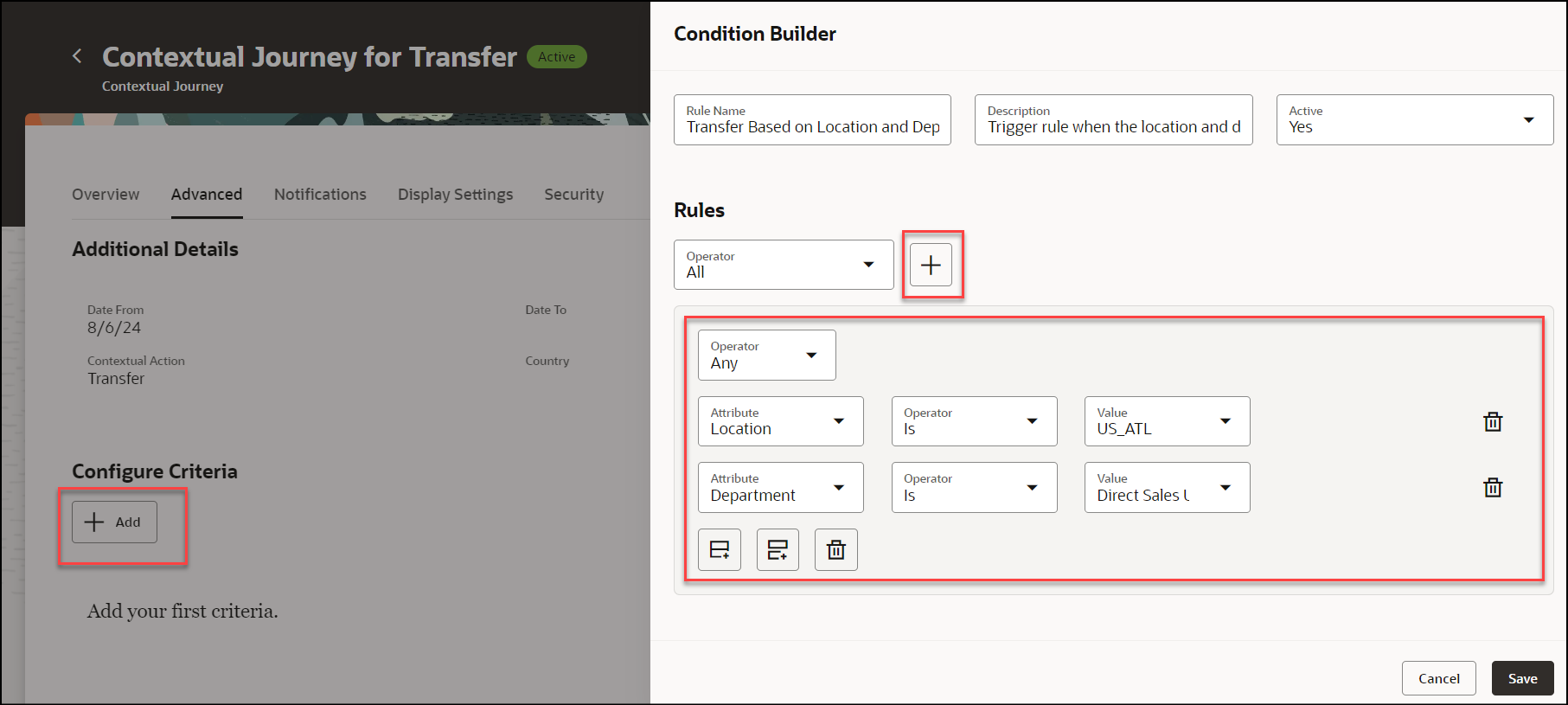 Configure Criteria in Contextual Journey Using Rule Builder