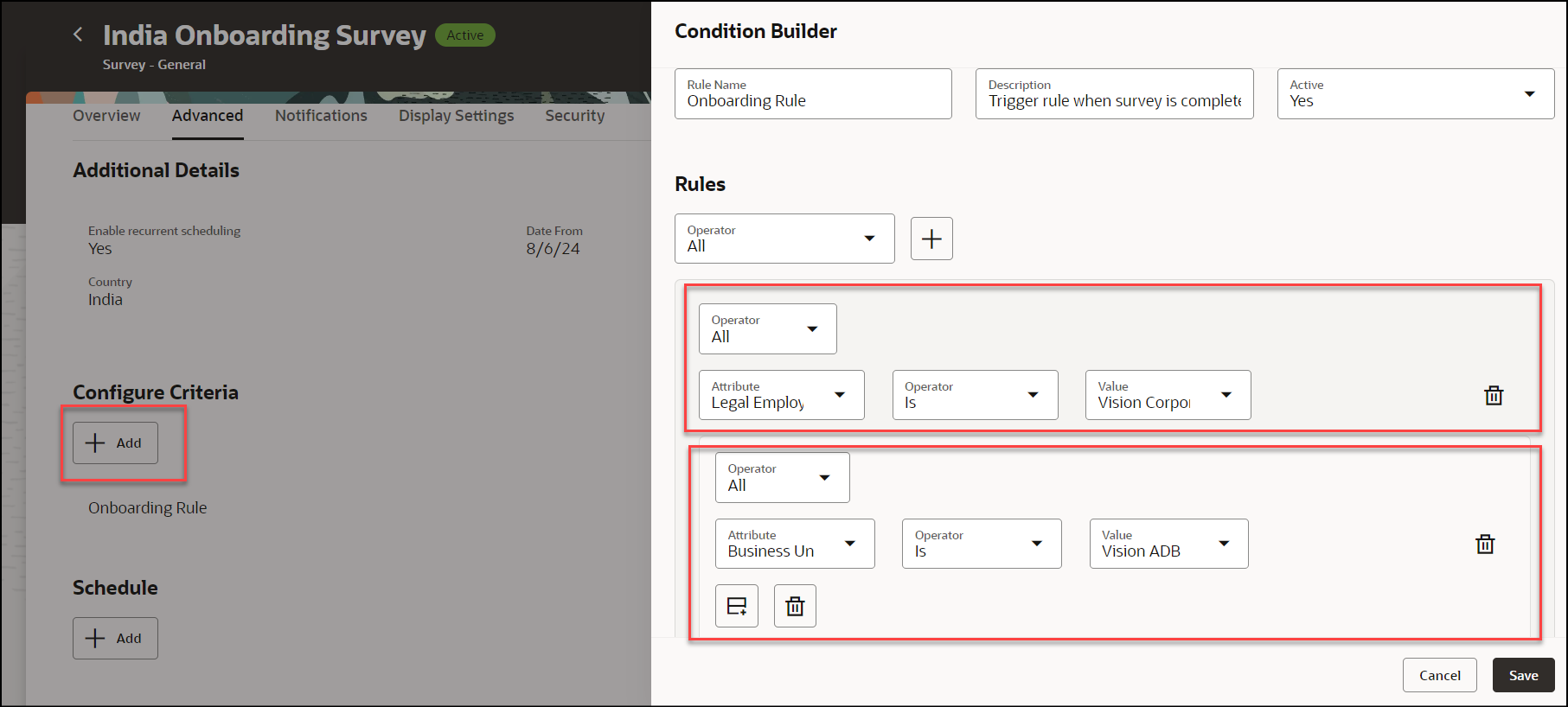 Configure Criteria in Survey Journey Using Rule Builder