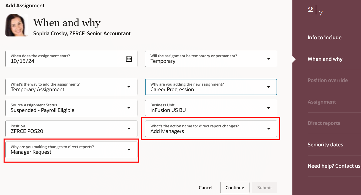 Action and action reason fields displayed in When and why step