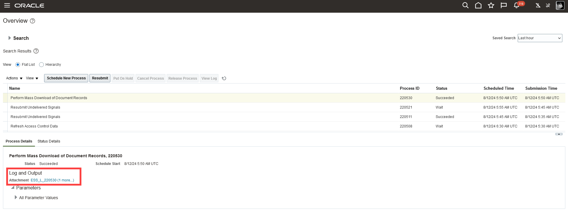 Log File and Text File of Downloaded Document Records on the Scheduled Processes Page