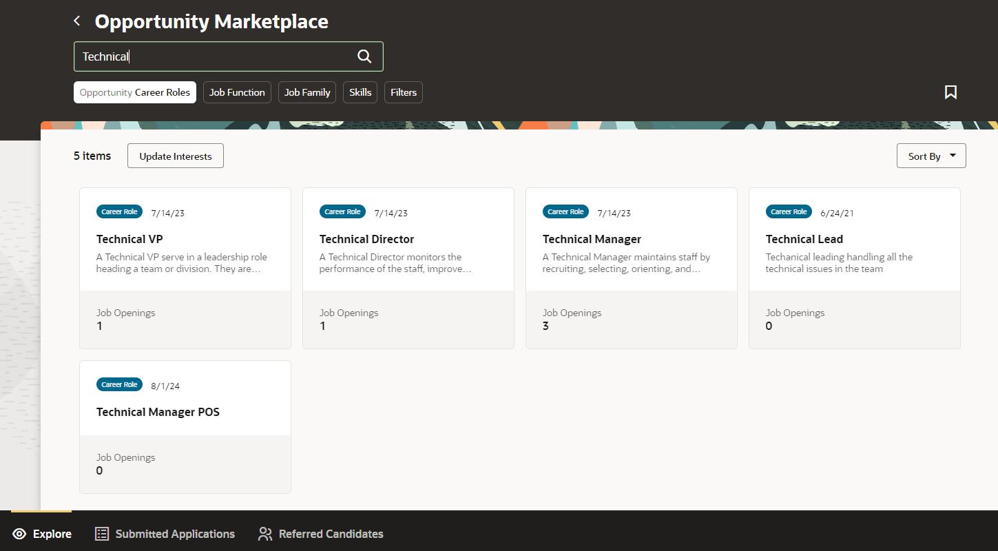 Opportunity Marketplace page listing career roles