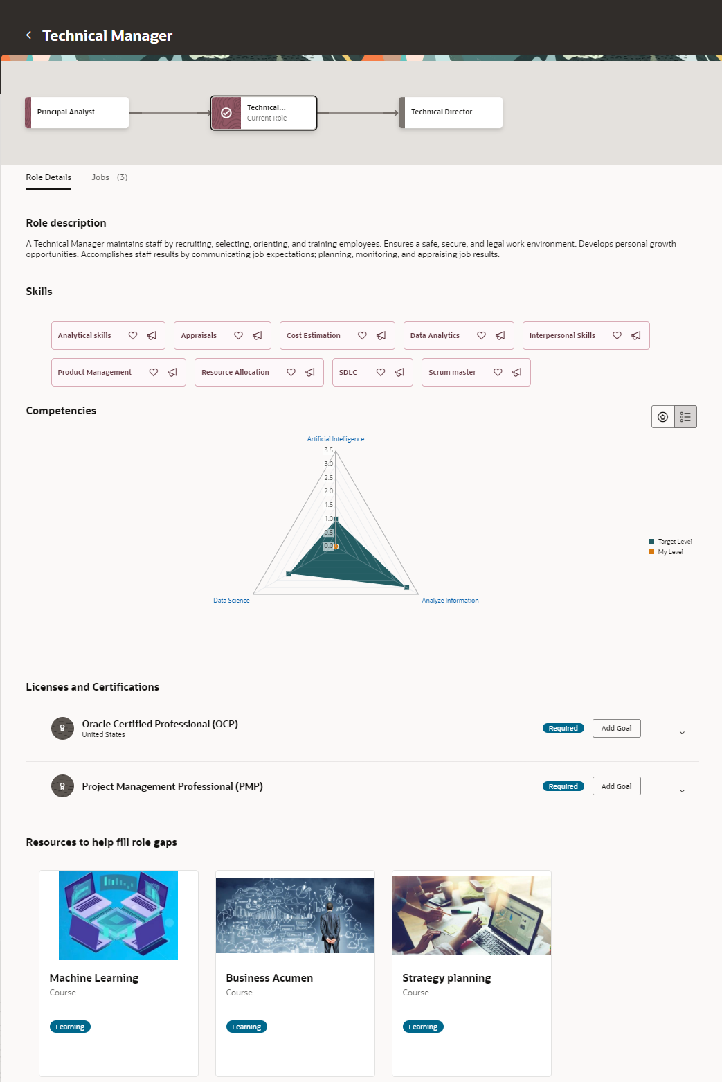 Role details page that lists the required skills, competencies, licenses and certifications, and resources