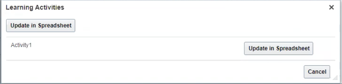 Learning Activities Dialog Box with the Update in Spreadsheet Button