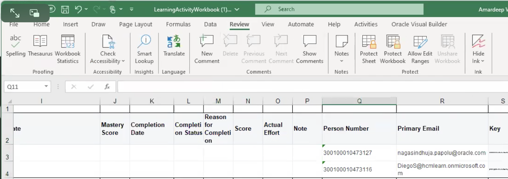 Learning Activities Workbook with the Person Number and Primary Email Columns