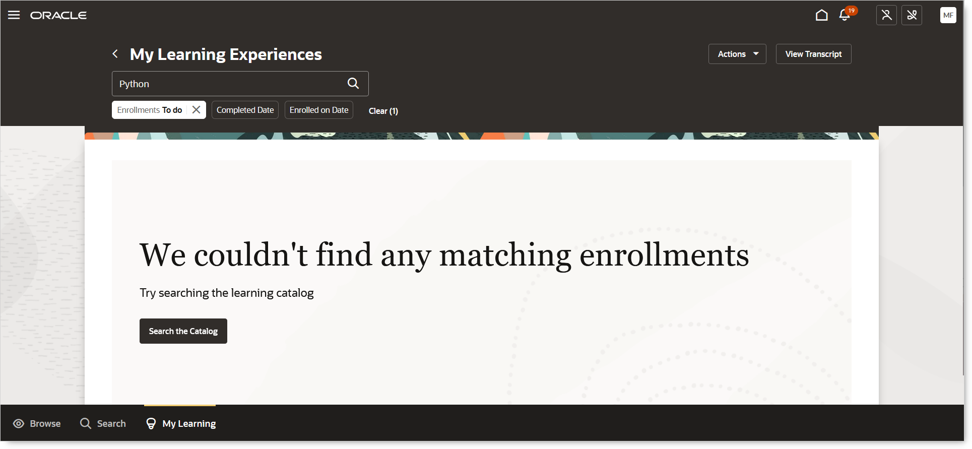 My Learning Experiences page returning no matching enrollments for the search criteria.