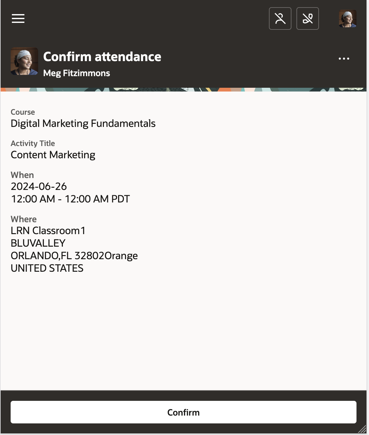 Confirm Attendance Page