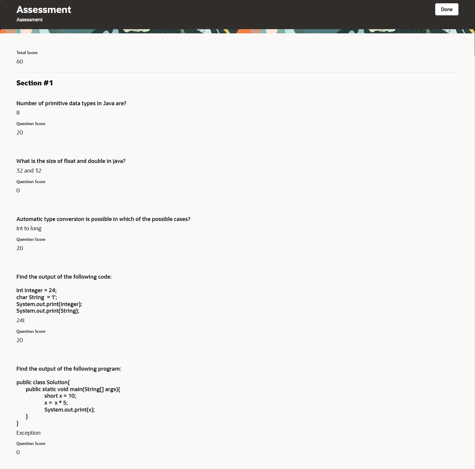 Learner View of Their Score and Questionnaire Responses