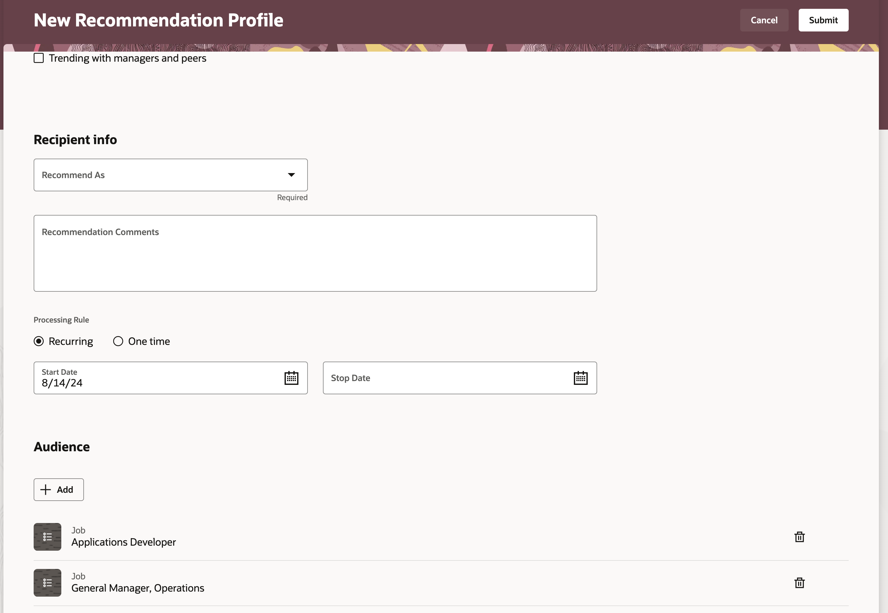 New Recommendation Profile Form Showing the Recipient Info and Audience Sections