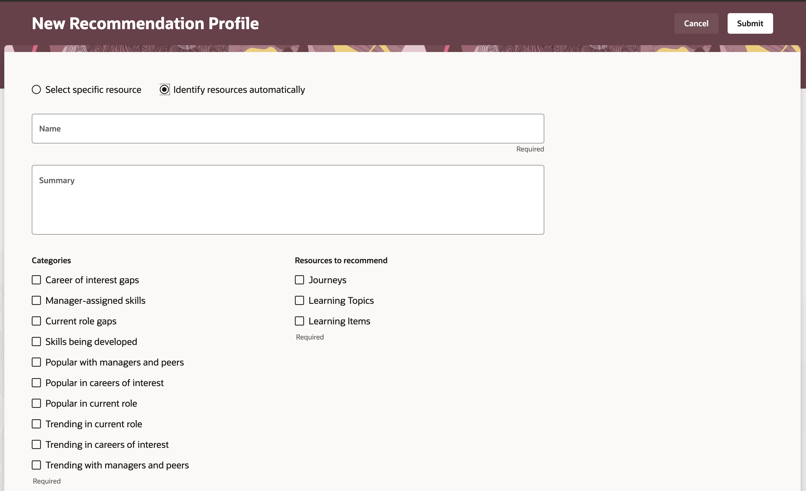 New Recommendation Profile Showing the Categories and Resources to Include in the Generated Recommendations