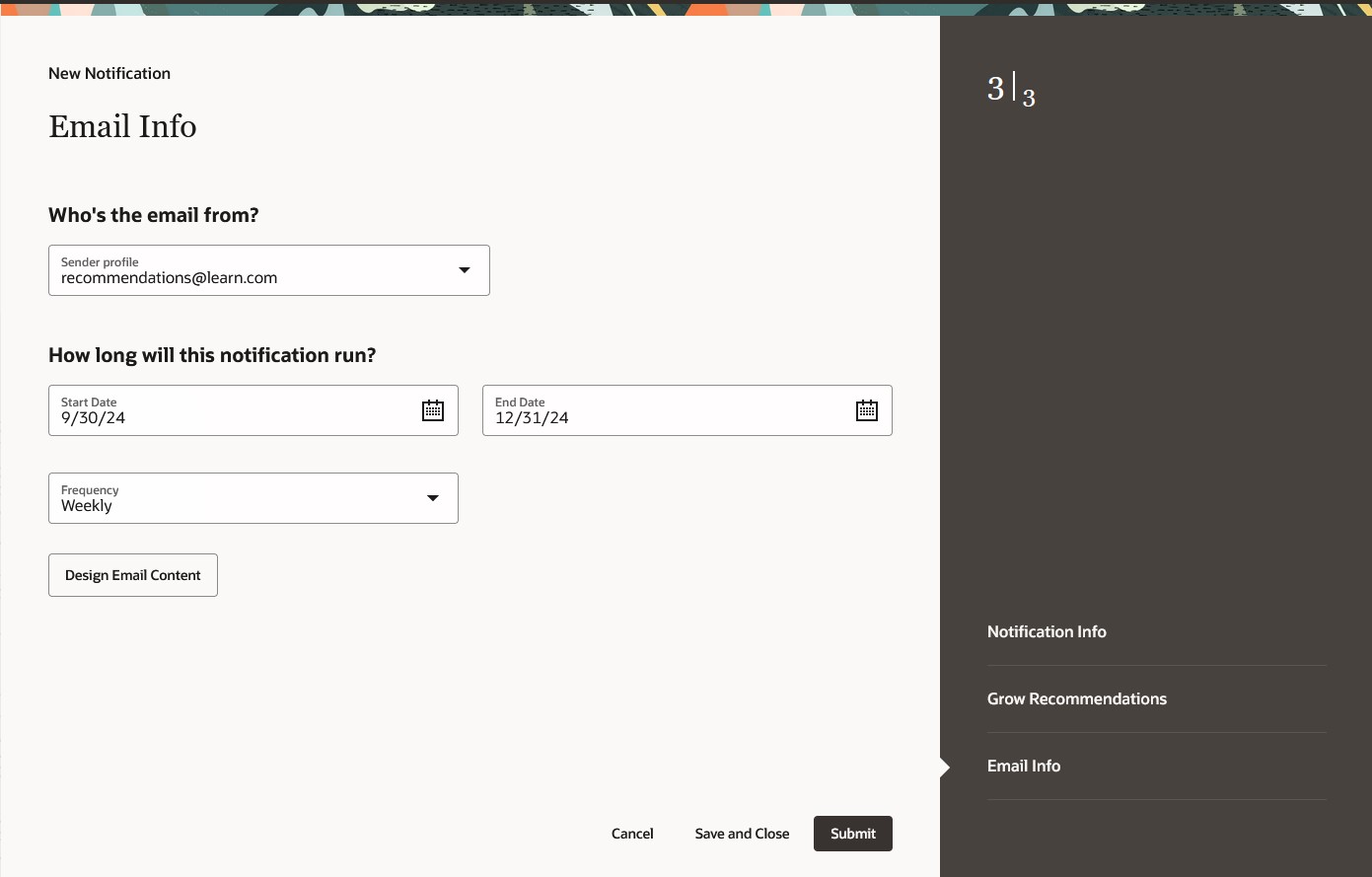 Updating sender profile, duration and frequency for the notitication