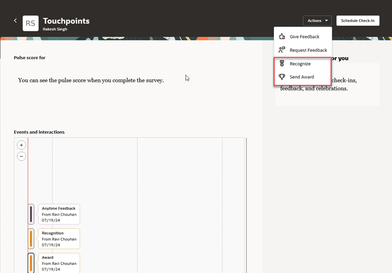 Recognize and Send Awards from Employee’s Touchpoints Page