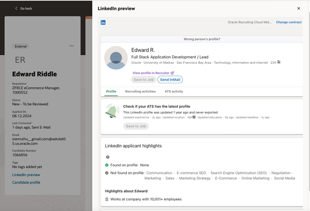 LinkedIn Preview in Oracle Recruiting