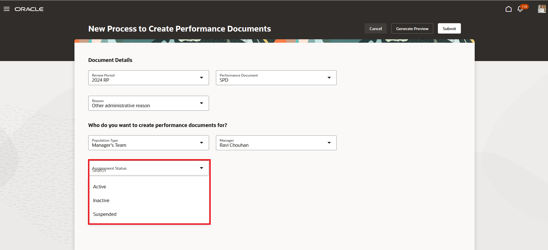 Assignment Status Options in Mass Create Performance Documents