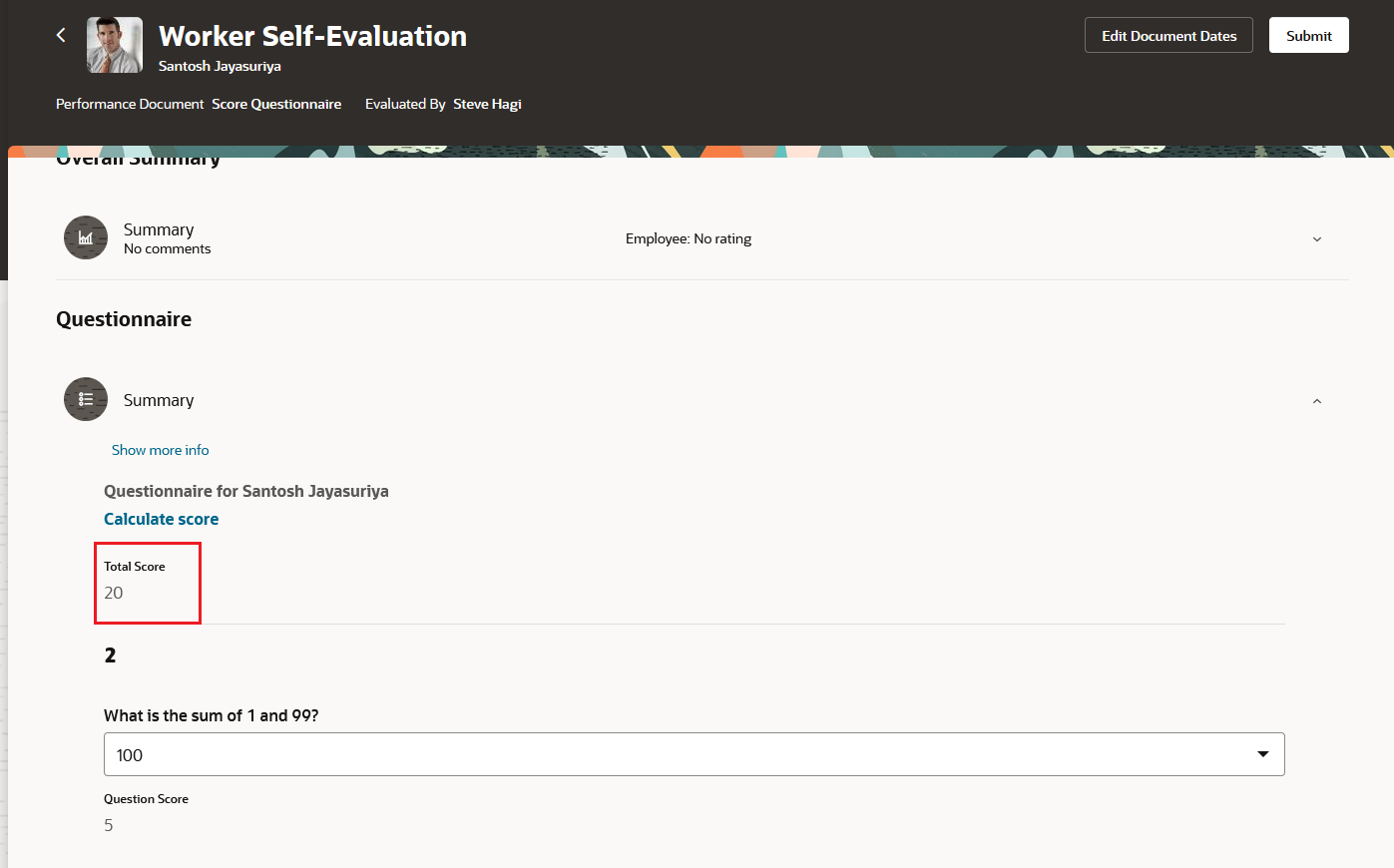 Total Score in Questionnaire