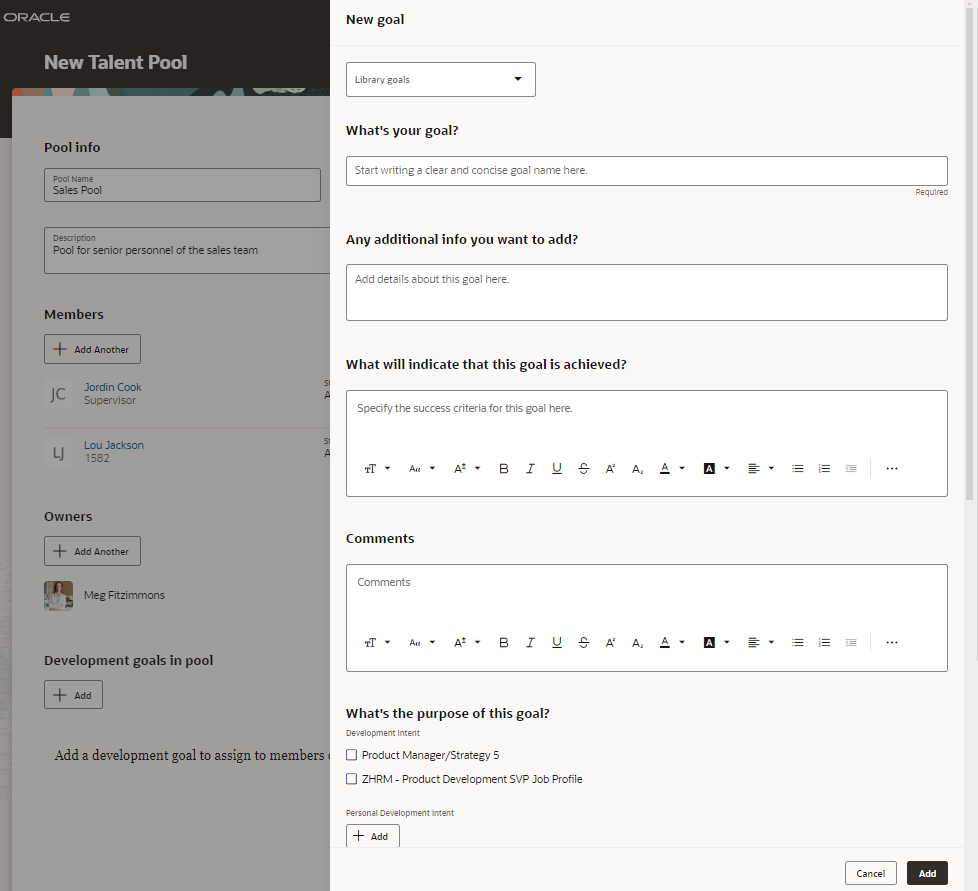 New Talent Pool with New goal Drawer Panel