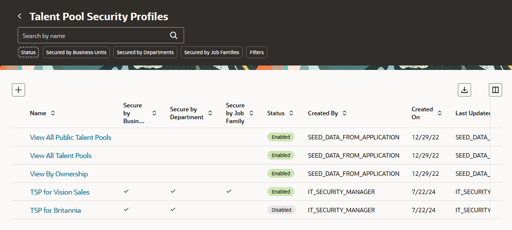 Talent Pool Security Profiles Page