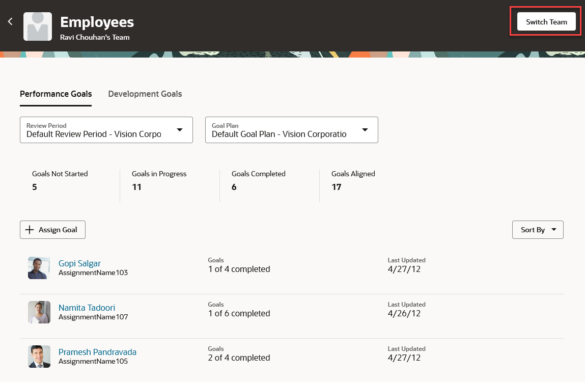 Switch Team Button on Employees Page of Team Goals Center