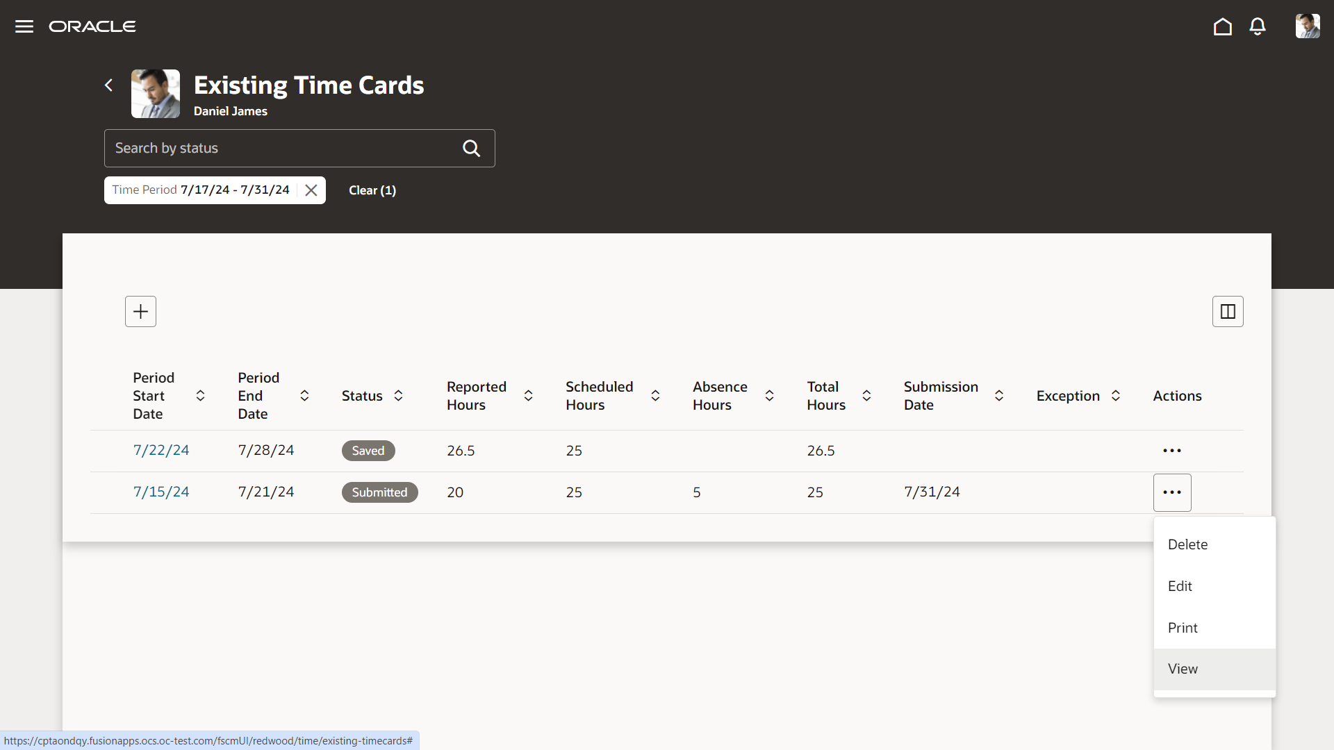 Existing Time Cards Page Showing the Actions Menu, View Option