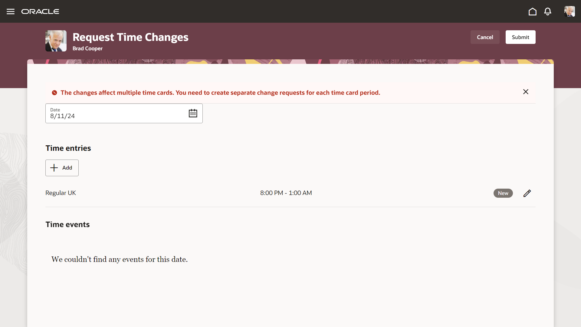 The worker can't submit a request for an entry that would be earned over 2 time card periods. If they try to do this, they'll get a validation error message.  Validation Error Message for an Entry That Overlaps Midnight the Last Day of the Period with a Split Rule at Midnight