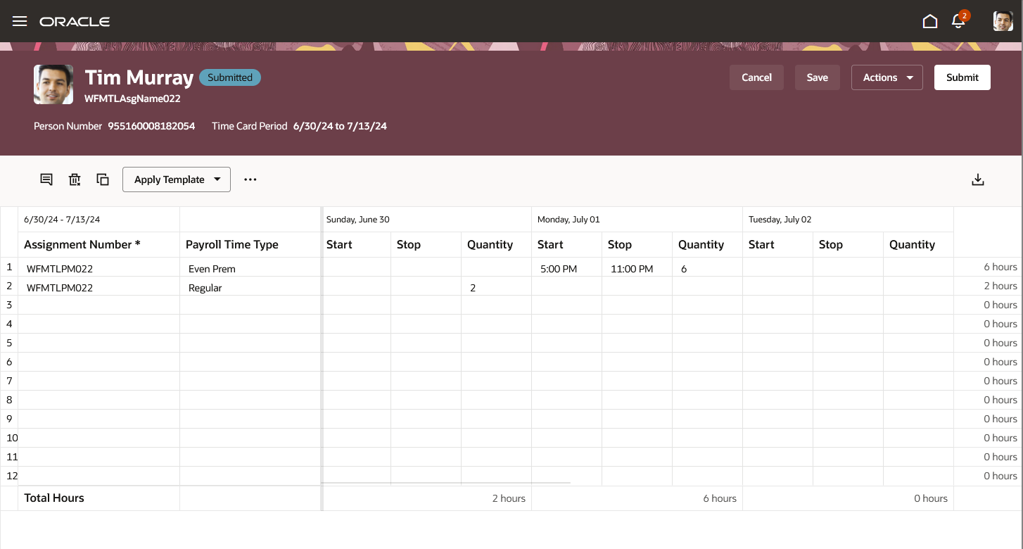 Submitted Redwood Time Card with Rows Missing Quantities or Start and Stop Times Removed