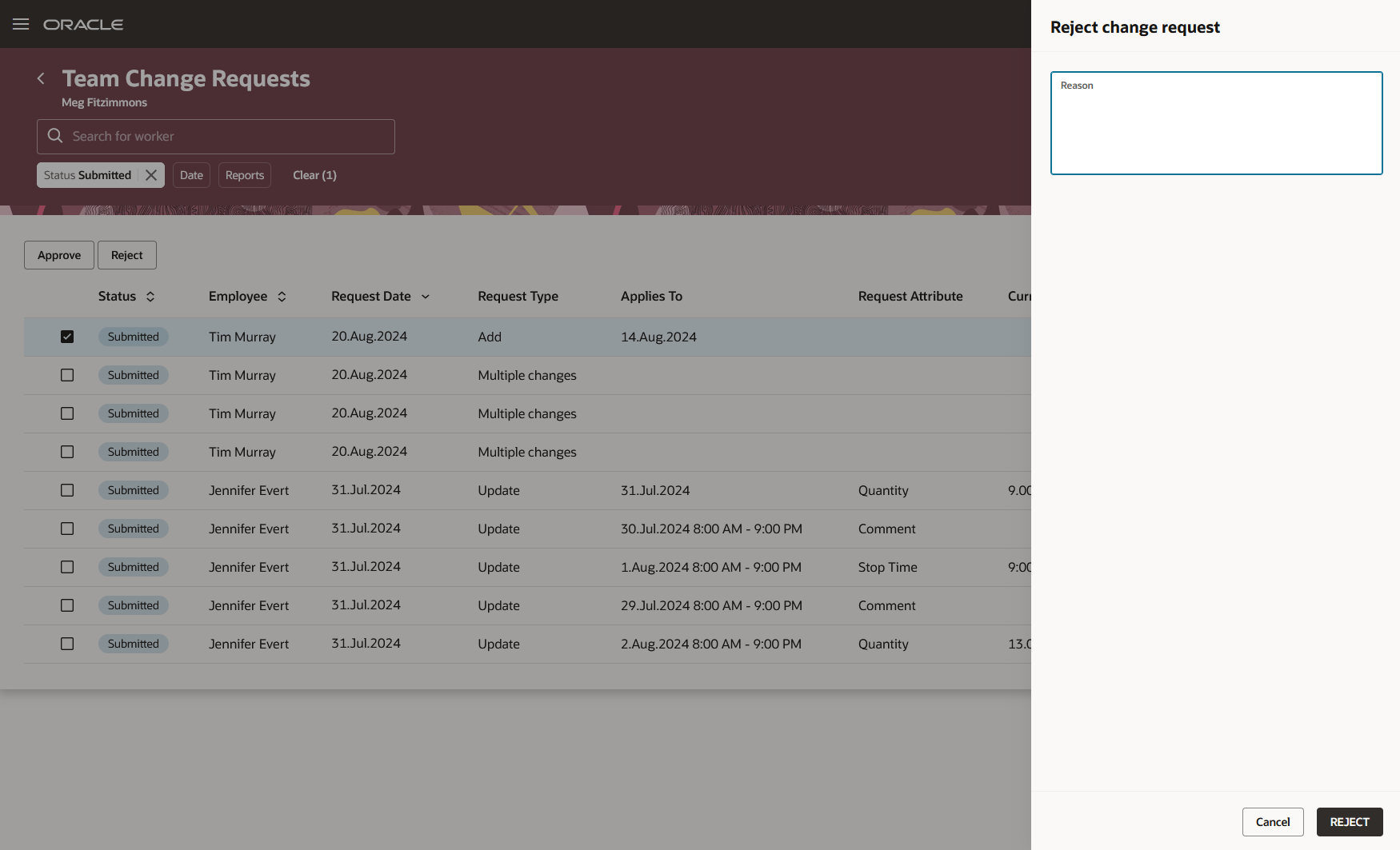 Reject Change Request Drawer Showing the Optional Reason Field