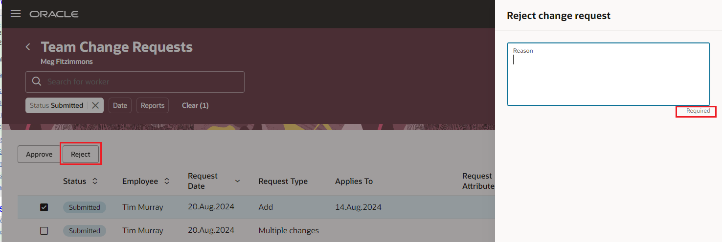 Reject Change Request Drawer Showing the Optional Reason Field