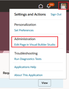 Settings and Actions Menu with the Edit Page in Visual Builder Studio Option Highlighted