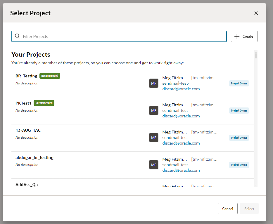 Select Project Page