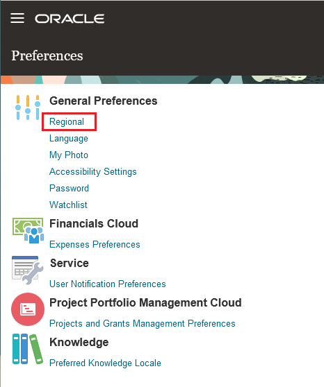 Preferences Page with the Regional Link Highlighted