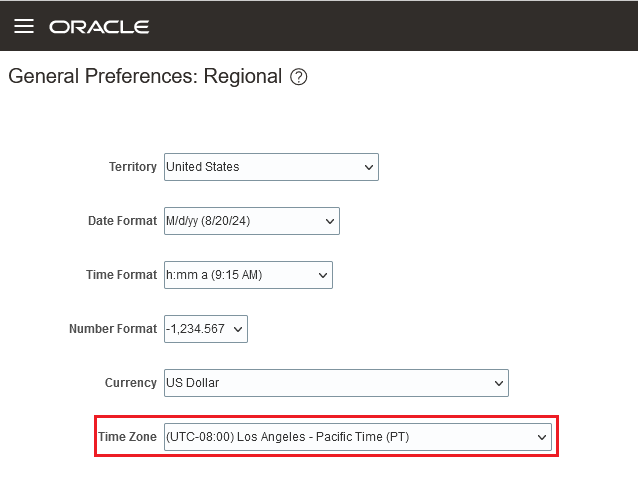 General Preferences: Regional Page with the Time Zone Field Highlighted