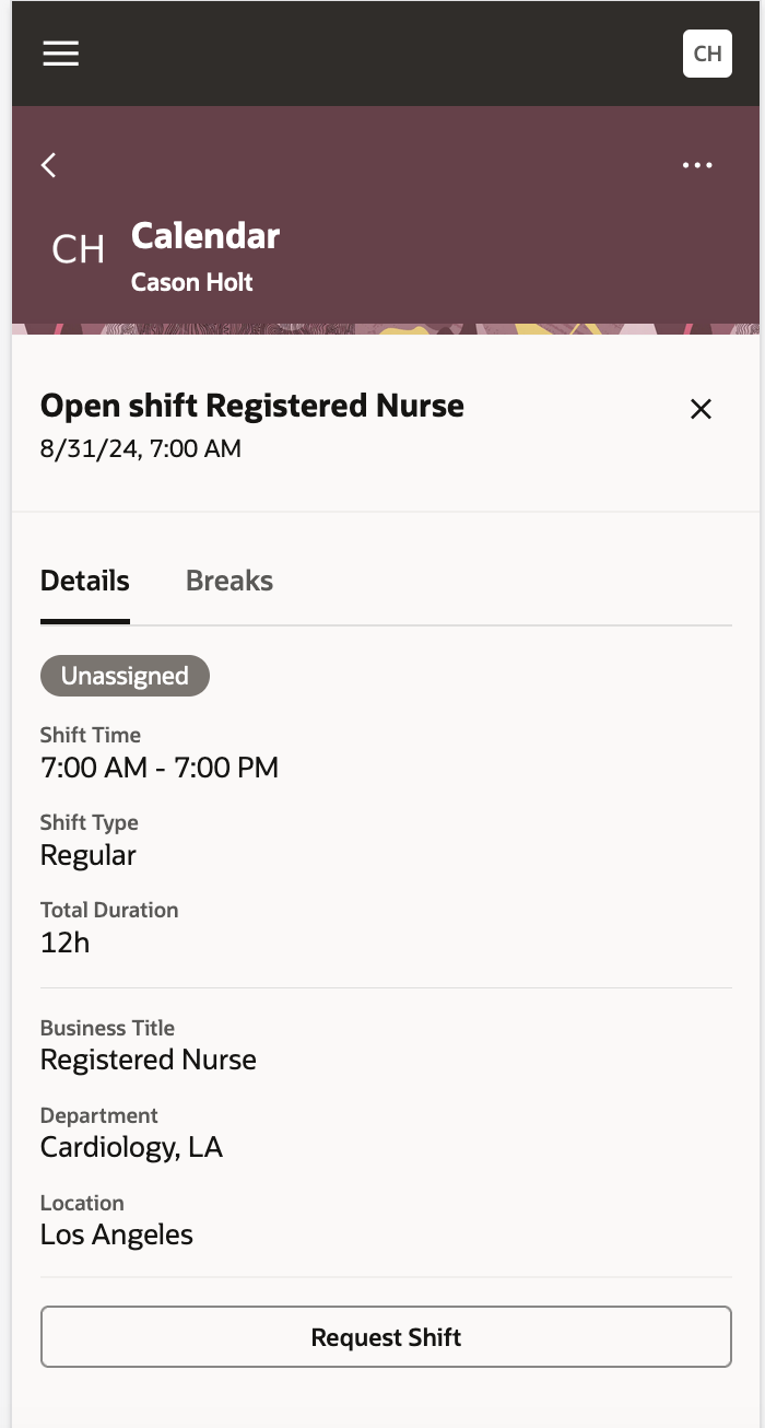 Mobile Drawer Showing the Request Shift button