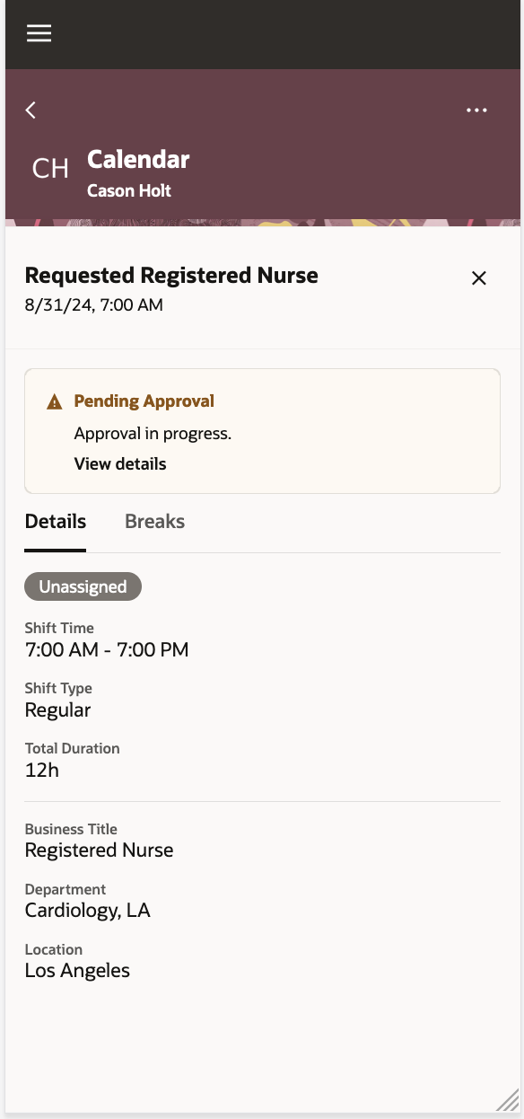 Mobile Drawer Showing Shift Requested with the Shift Details and the View Details Approval Banner