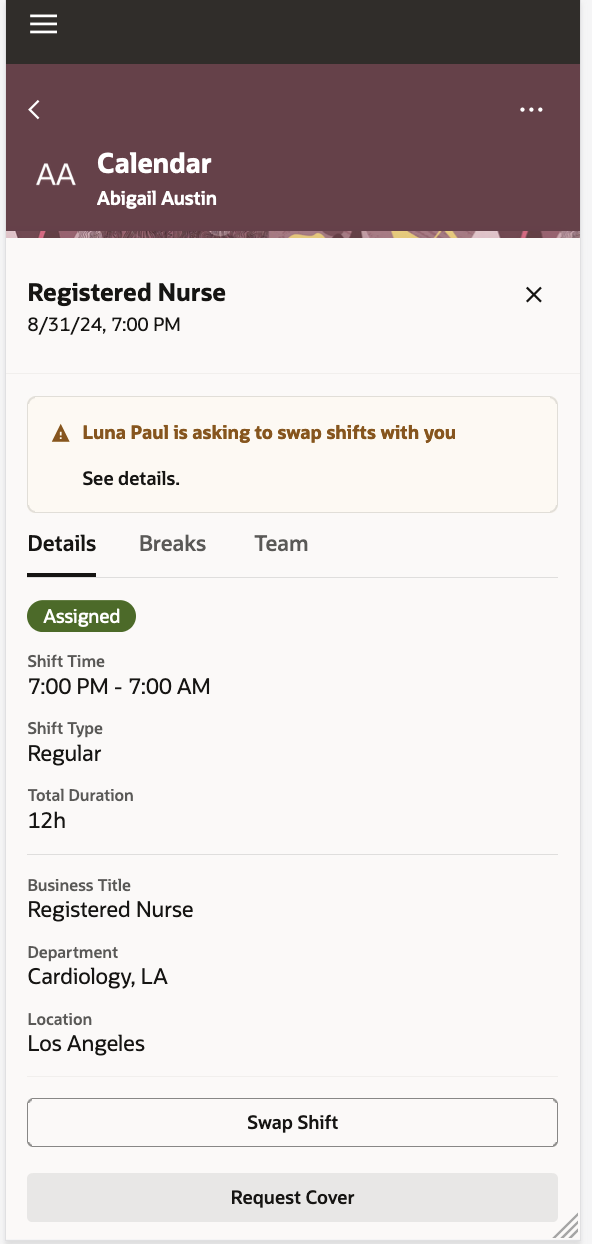 Mobile Calendar Shift Details Page Showing a Swap Request Message