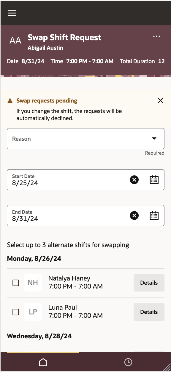 Mobile Swap Shift Request Page with a Message that Changing the Shift Details Will Affect a Pending Swap Request