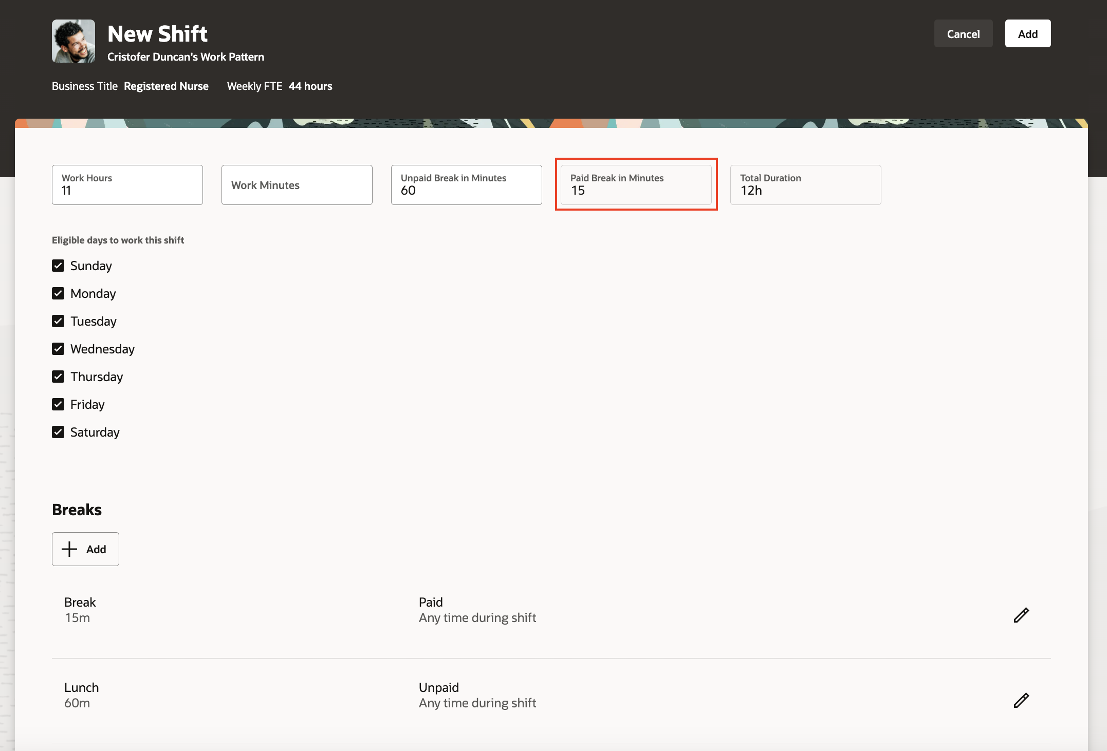 Paid Break Duration Displayed on a New Work Pattern Shift