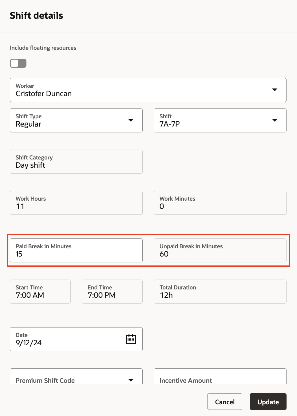 Paid and Unpaid breaks in Minutes On the Shift Details Drawer
