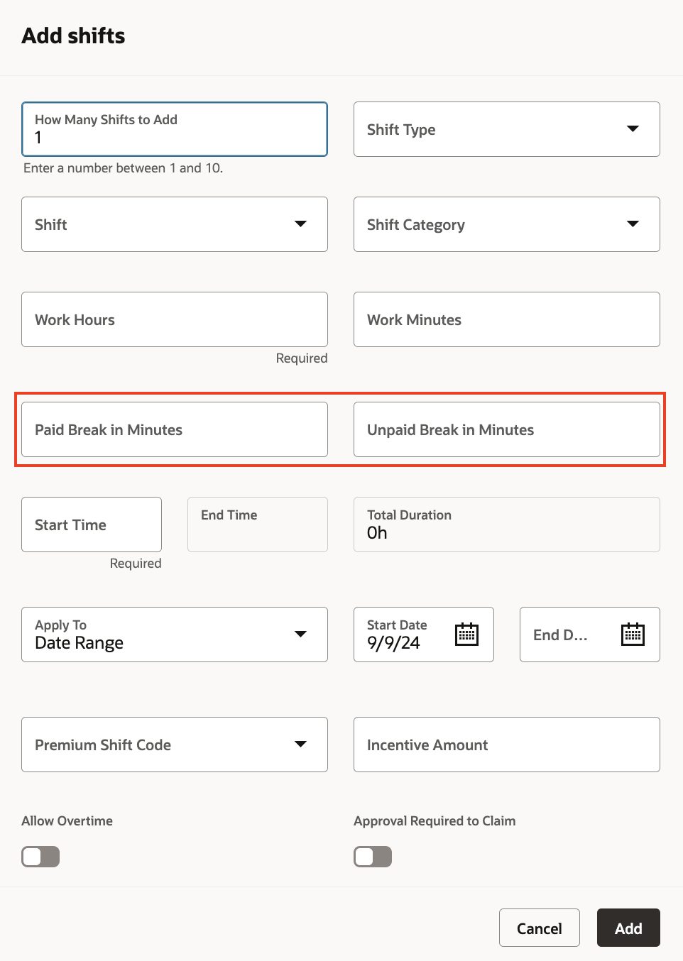 Paid and Unpaid Break Durations in Minutes on the Add Shifts Drawer