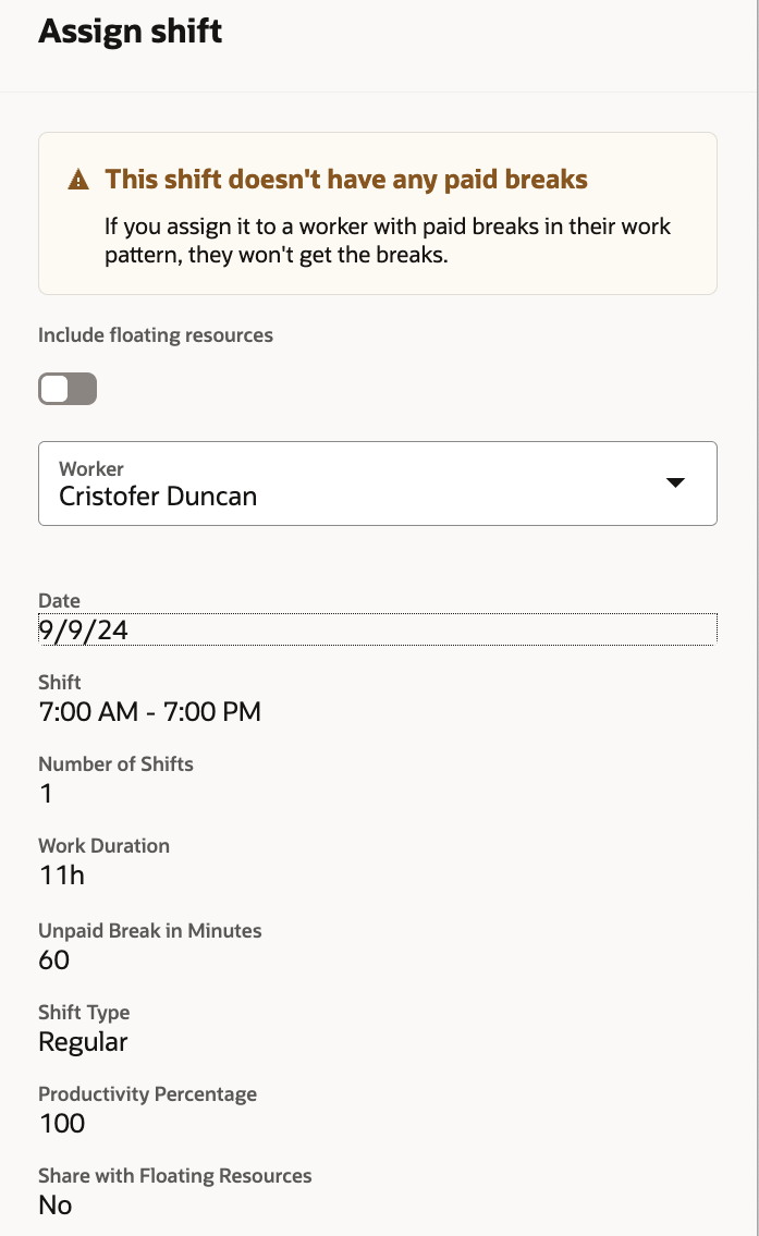 Warning Banner When Assigning a Shift without Paid Breaks