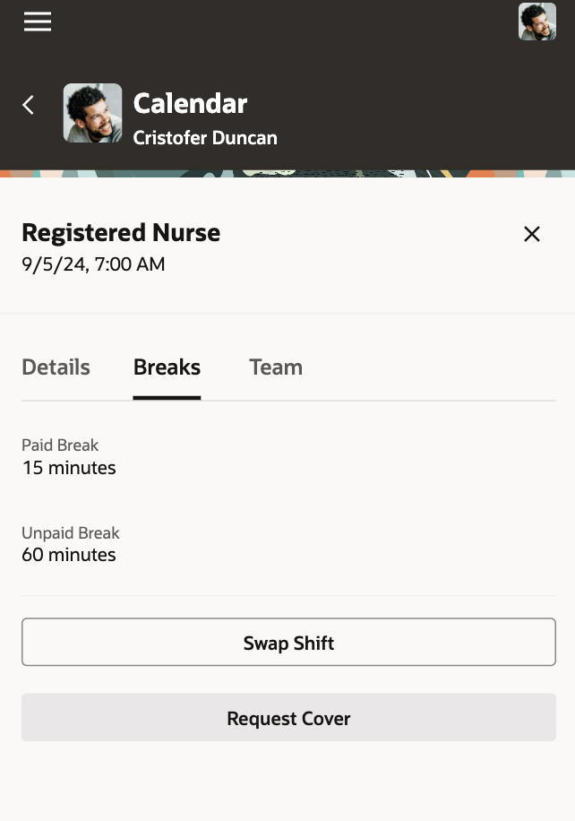Paid and Unpaid Break Information from the Worker's Published Schedule in Their Calendar Drawer