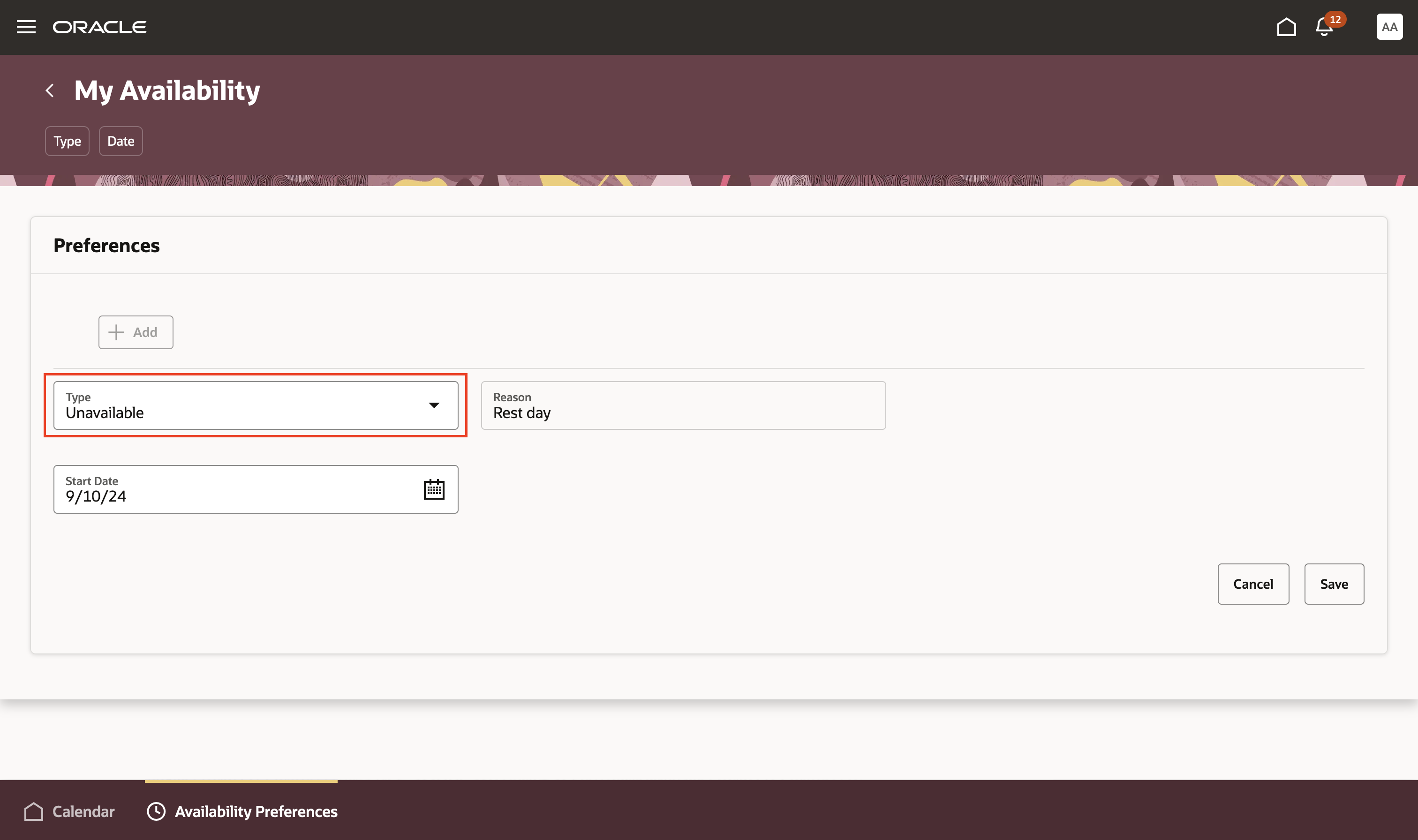 My Availability Page Where You Define Preferences for an Unavailable Type Availability