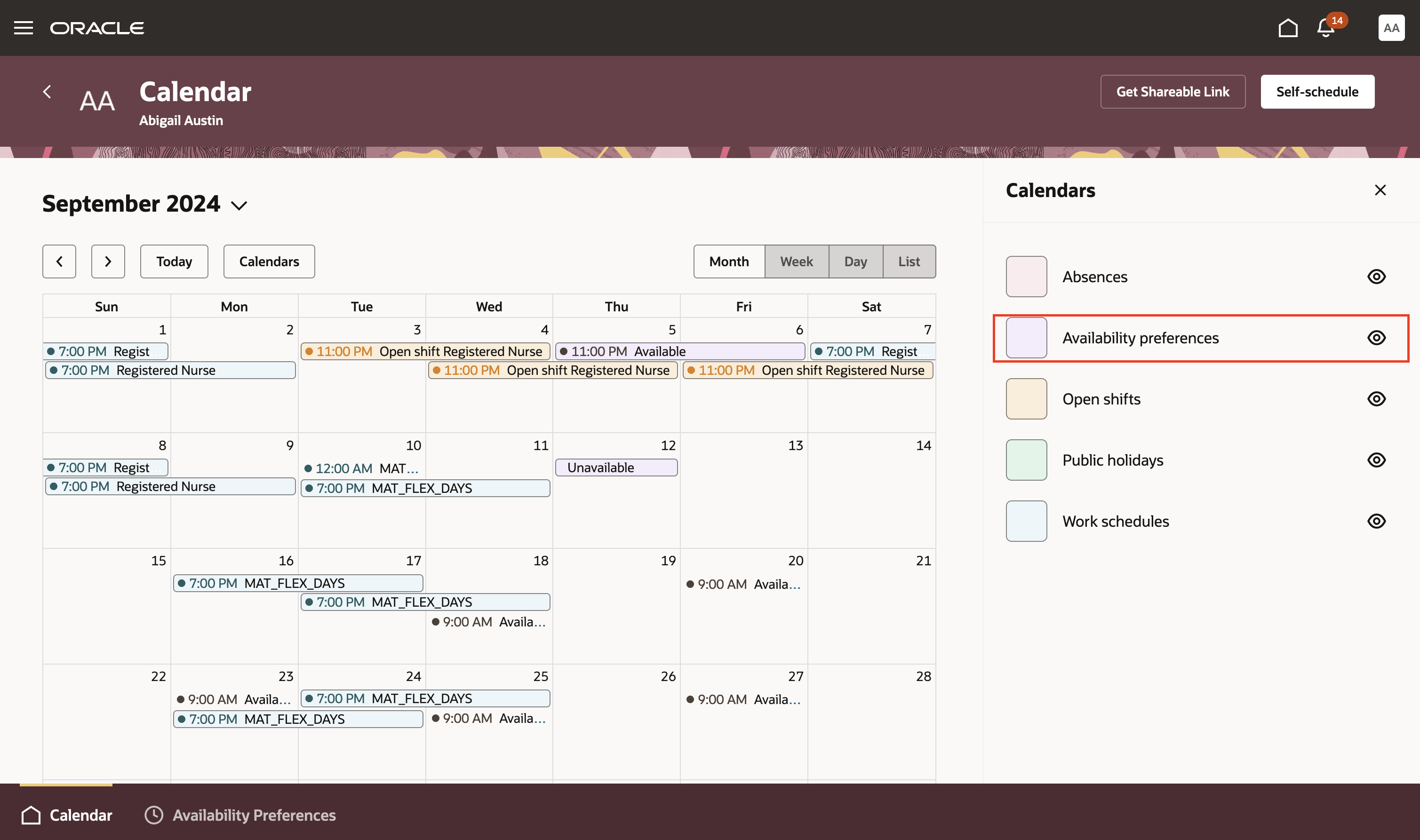 Calendars Drawer Opened from the Me > Workforce Scheduling Calendar Page