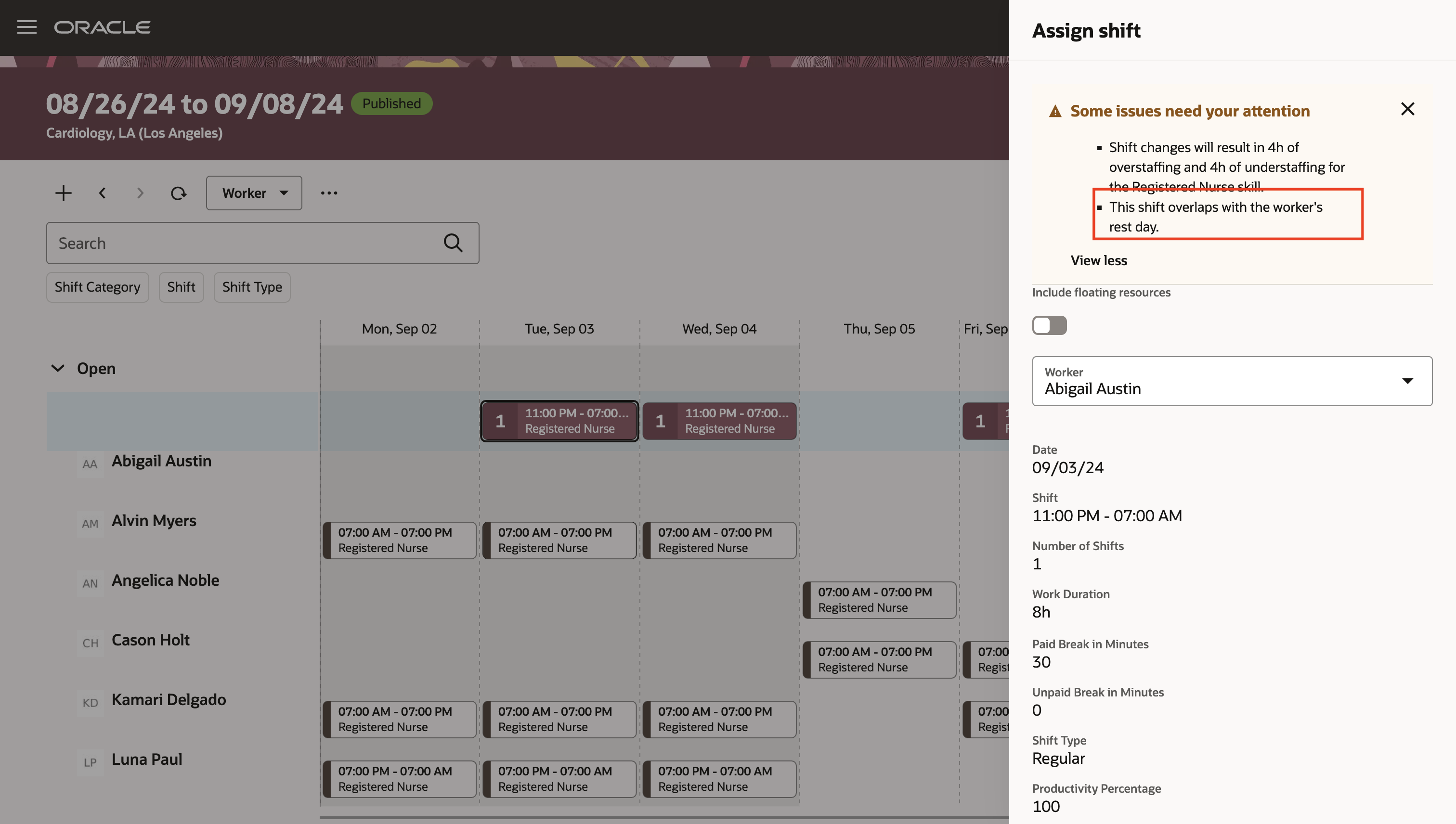 Manager Assign Shift Drawer with a Validation Message Showing That the Shift Overlaps with the Worker's Rest Day