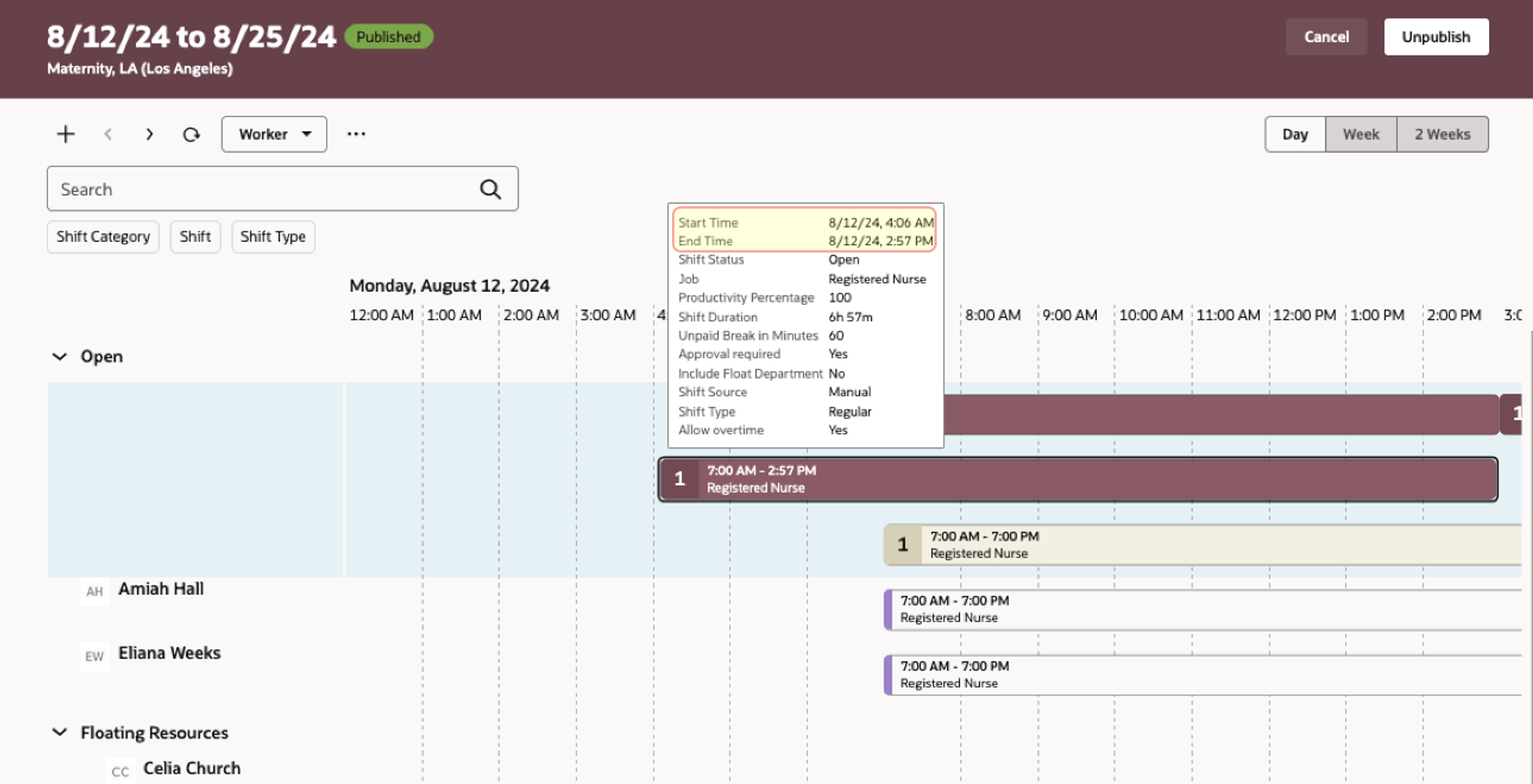 Workforce Schedule, Worker View Where the Start Time for the  7:00 AM - 2:57 PM Shift Changed to 4:06 AM