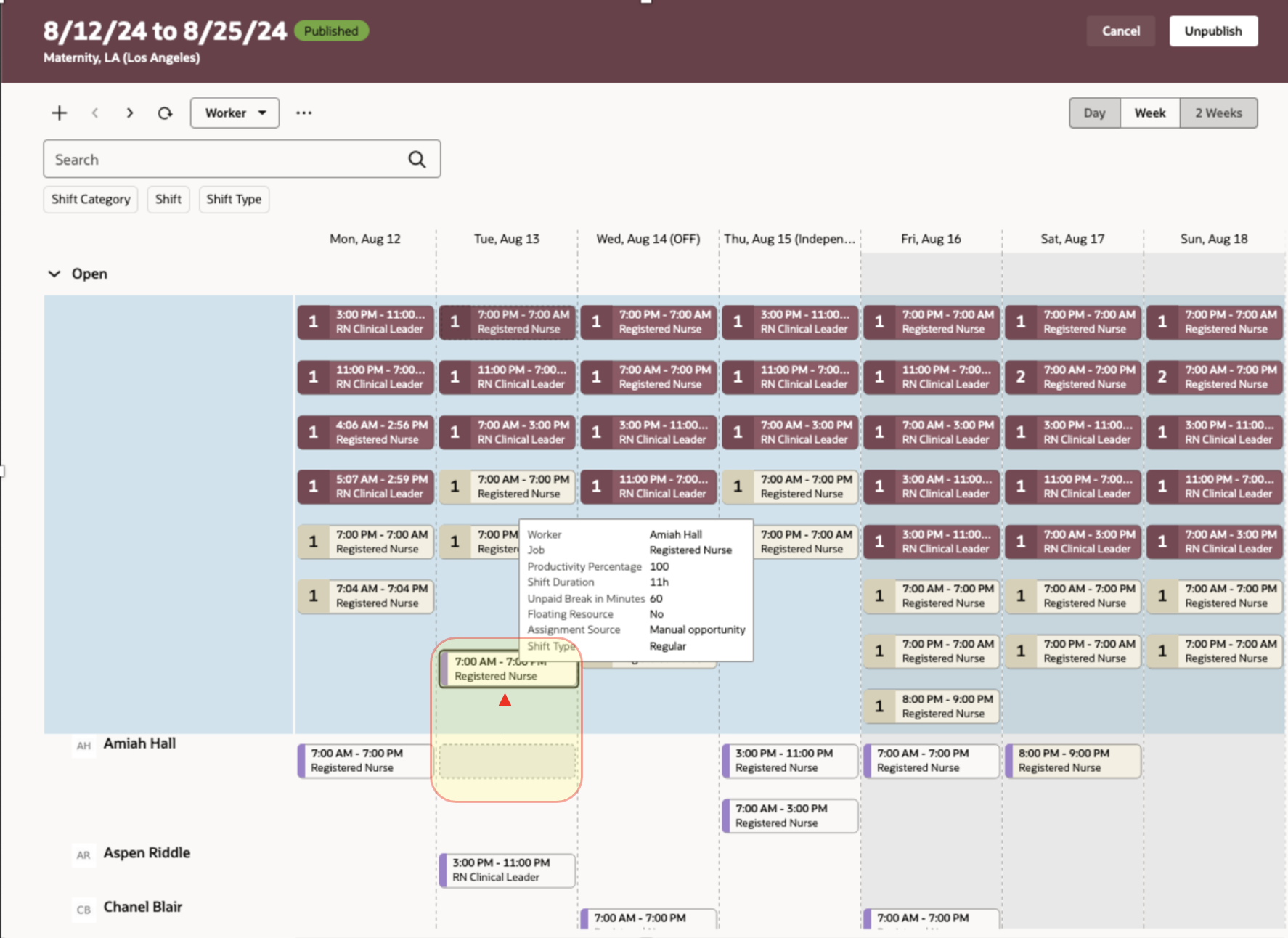 Workforce Schedule, Worker View Where a Shift for Amiah Hall Was Unassigned, Becoming an Open Shift