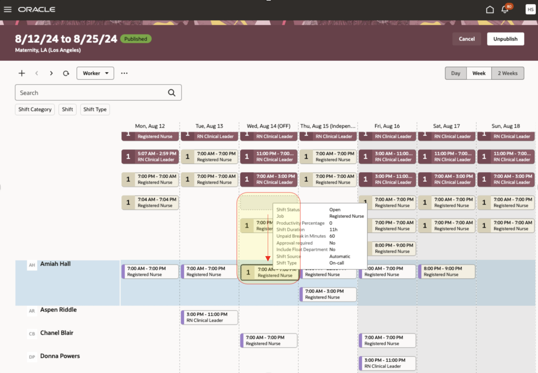 Workforce Schedule, Worker View Where an Open Shift Was Assigned to Amiah Hall