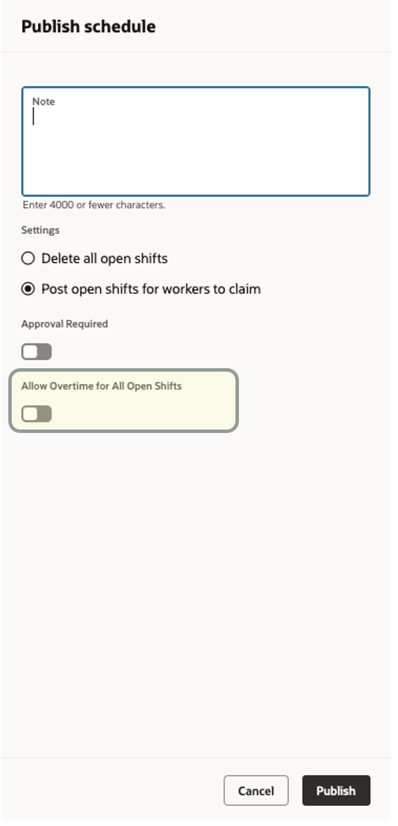 Publish Schedule Drawer with the New Allow Overtime for All Open Shifts Option