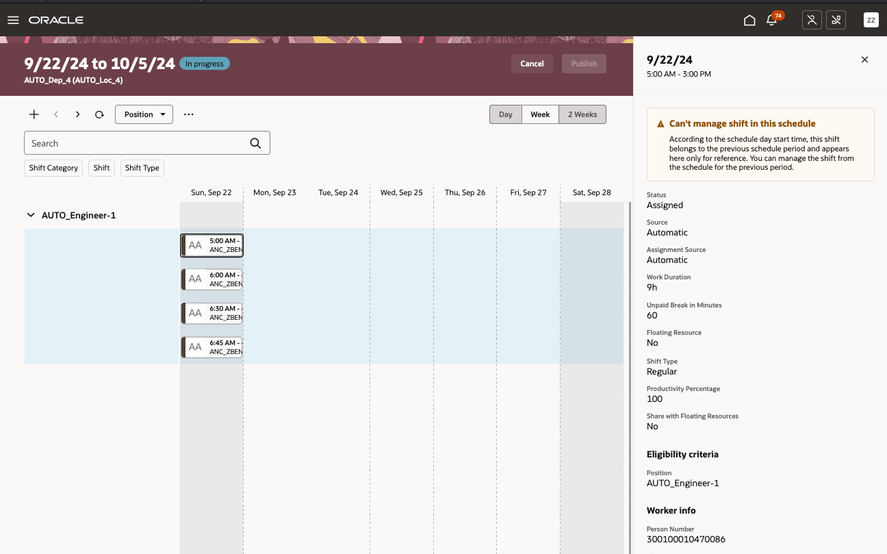 Workforce Schedule with an Additional, Reference Day at the Start of the Schedule and the Read-Only Shift Details Drawer and Message