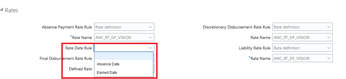 Screen capture of the Rate Date Rule option in the compensation plan setup page
