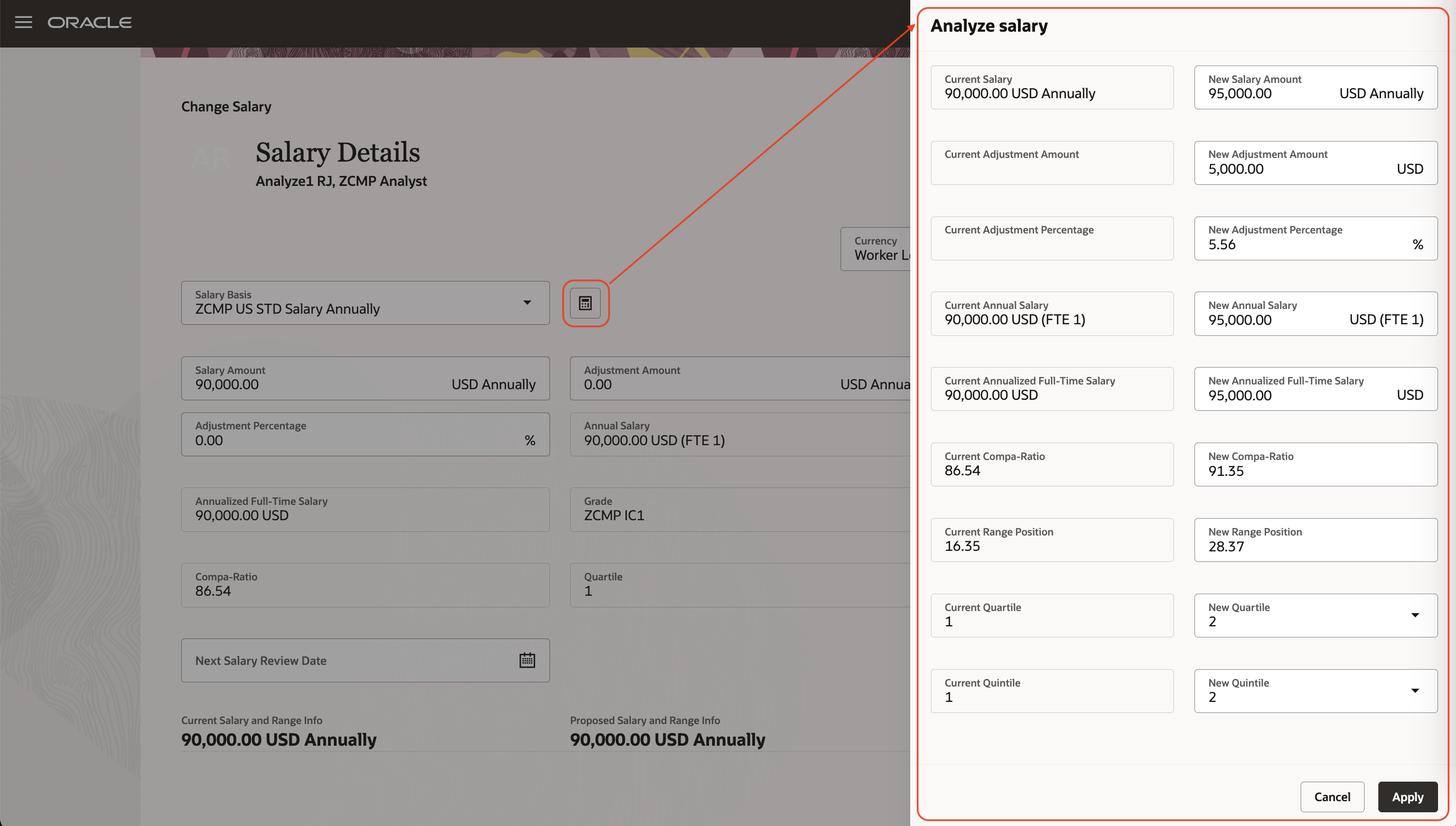Change Salary Page and Analyze Salary Drawer for What-If Analysis